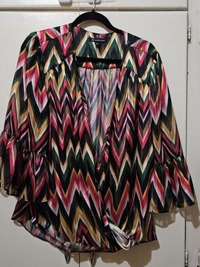 INC International Concepts Chevron-Print Sheer Blouse - Black, Pink, Green, Gold